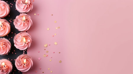 birthday holiday background, cakes with candles and copy space.の素材