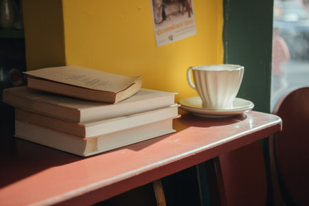 coffee cups and books in cafe.の素材