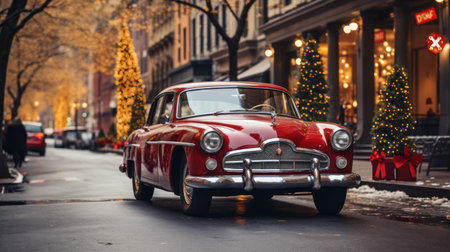 A retro car with a Christmas tree on top is driving down the street.の素材