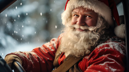 Santa claus like speedy driver in car interior on winter.の素材