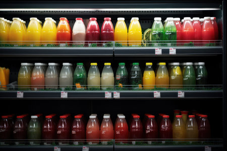 many juices on fruit bars in a grocery store.の素材