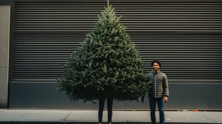 a young man carries a christmas tree home for christmas celebrations along the street.の素材