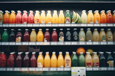 many juices on fruit bars in a grocery store.の素材