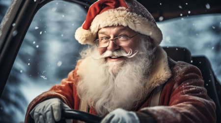 Santa claus like speedy driver in car interior on winter.の素材