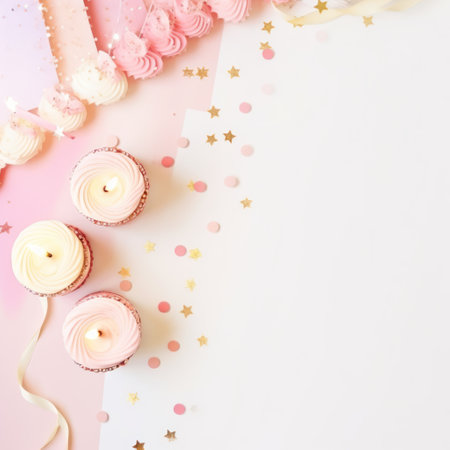 birthday holiday background, cakes with candles and copy space.の素材