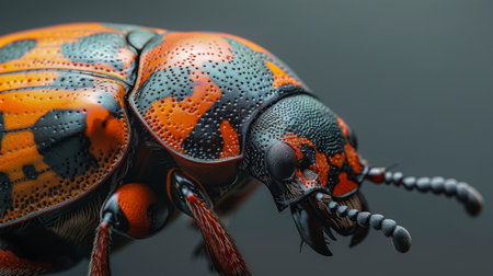A detailed close-up view of a beetle with intricate patterns on its shell, resting motionless on a smooth black surface.の素材