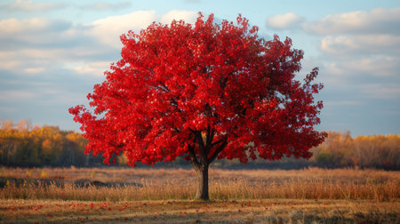 A vibrant red tree stands boldly amidst a vast green field, commanding attention with its striking color contrast against the surrounding natural landscape. Its branches reach outwards, casting shadows on the grassy expansion.の素材