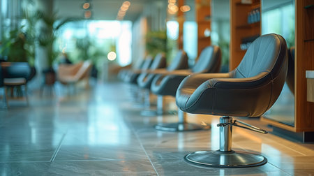 A straight row of chairs is placed neatly on top of a tiled floor. Each chair is identical and empty, creating a sense of order and organization in the space.の素材