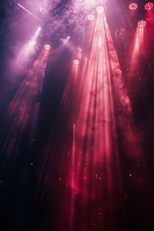 Several lights shining brightly, arranged on a stage, casting a strong beam of light onto the platform. The lights are positioned strategically to enhance performances and create a captivating visual experience for the audience.の素材