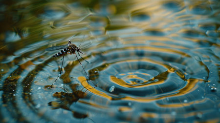 A mosquito perched on top of a small puddle of water, its fragile legs gently touching the liquid surface. The mosquito appears still as it rests on the clear water, creating a subtle ripple effect in the reflection of the surroundings.の素材
