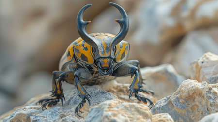 A detailed close-up of a bug crawling on a textured rock surface. The bug is small, with visible antennae and legs, moving slowly across the rough terrain.の素材