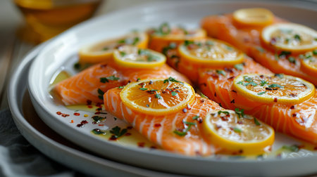 Salmon with lemon and herbs on a white plate. Selective focus.の素材