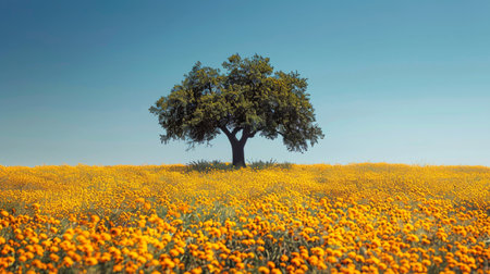 Single tree in a field of poppies. 3d renderingの素材