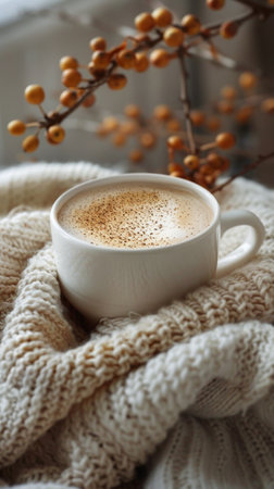 Cup of coffee with warm scarf on windowsill, closeupの素材