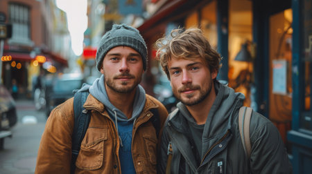 Two men standing next to each other on a paved street in an urban area, facing the camera. They are casually dressed and appear to be engaged in conversation. Buildings and cars can be seen in the background.の素材