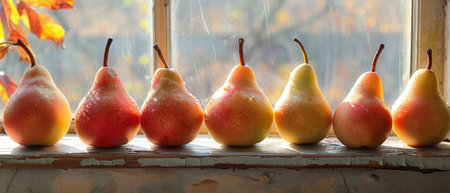A neat row of pears is arranged on a window sill, bathed in natural light.の素材