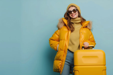 A woman dressed in winter clothing is holding a suitcase.の素材