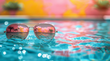 A pair of sunglasses floating in a pool of water, creating ripples around them.の素材