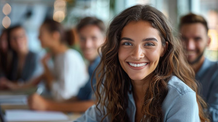 A woman with long hair smiling directly at the camera.の素材