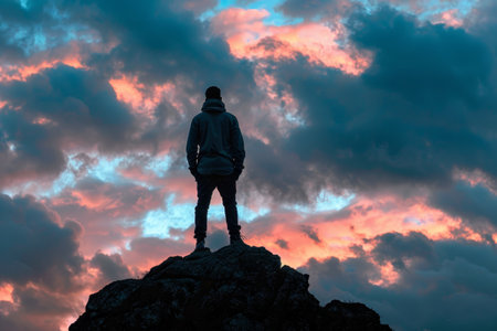 A man stands confidently on the summit of a mountain, surrounded by a gray and overcast sky. He gazes out into the distance, taking in the expansive view from his vantage point.の素材