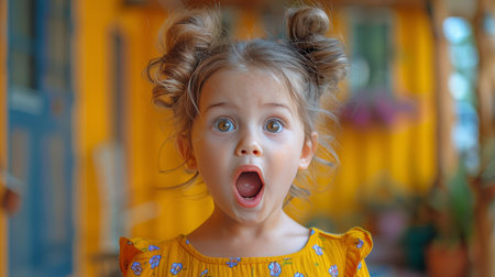 A young girl displaying a surprised expression on her face.の素材