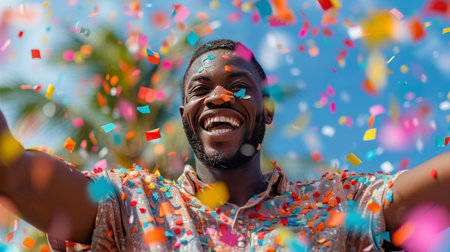 A man stands surrounded by confetti falling around him, creating a festive atmosphere.の素材