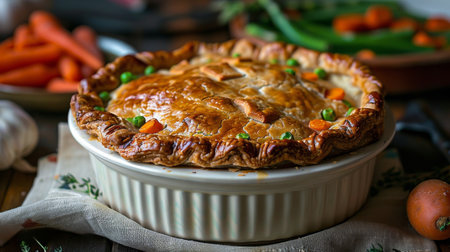 A detailed view of a pie placed on a wooden table.の素材