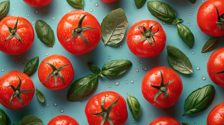 Several freshly picked tomatoes are arranged on a wooden table.の素材