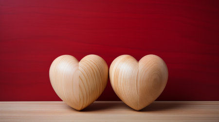 Two wooden hearts placed on top of a wooden table.の素材