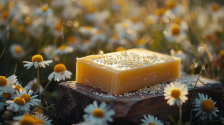 Various colorful soaps arranged neatly on a wooden table next to fresh daisies, creating a simple and refreshing display.の素材