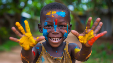 A young child stands in front of a wooden wall, their hands covered in colorful paint.の素材