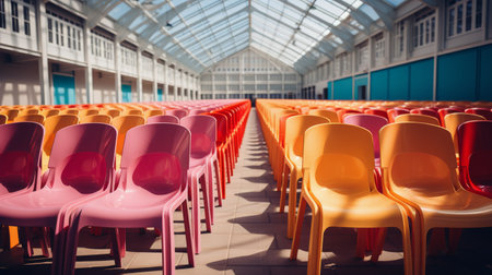 Diverse array of chairs in various colors filling the room, creating a vibrant and eclectic atmosphere.の素材