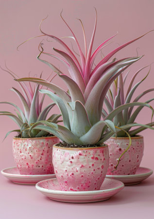 Three potted plants placed on top of a pink plate, creating a simple and colorful arrangement.の素材