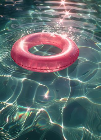 A red ring floating peacefully in a pool of water with gentle ripples.の素材