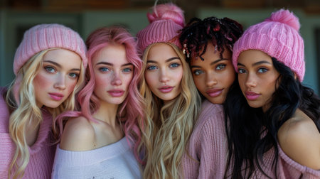 A group of women standing together, all wearing pink hats and sweaters.の素材