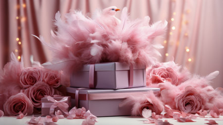 A pink gift box rests among a bed of delicate pink flowers and feathers, creating a vibrant and elegant display.の素材