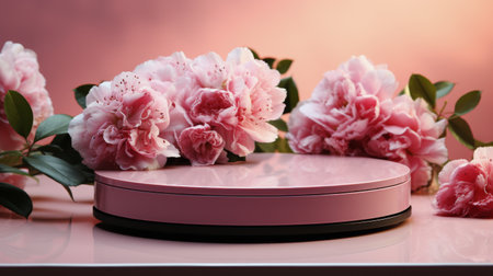 Several pink flowers arranged neatly on a pink table.の素材
