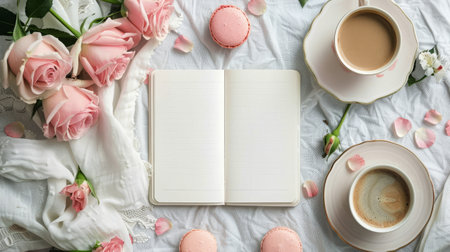 A cup of coffee, macaroons, and roses arranged neatly on a table, creating a charming and elegant setting.の素材