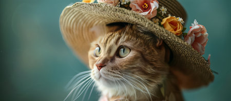 A cat with a floral hat on its head, showing a cute and playful look.の素材