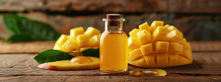A bottle of oil surrounded by ripe mangoes and green leaves placed on a wooden table.の素材