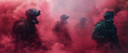 Soldiers wearing gas masks stand in front of billowing red smoke in a training exercise or emergency response scenario.の素材