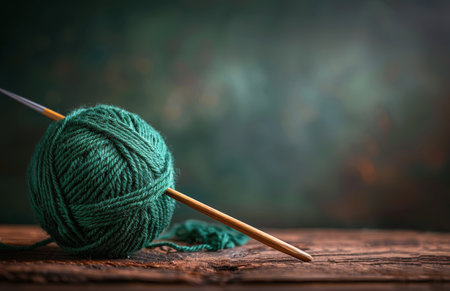 A ball of green yarn sits next to knitting needles on a wooden table, ready for a knitting project.の素材