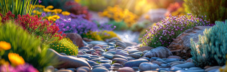 A winding path leads through a vibrant garden blooming with colorful flowers of various shapes and sizes.の素材