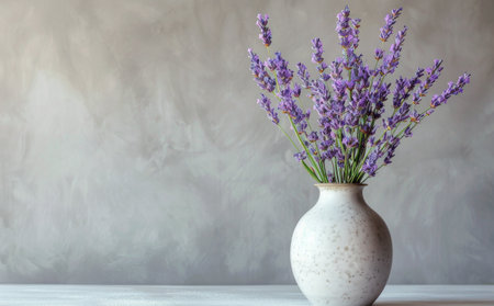 A white ceramic vase adorned with fresh lavender flowers on a table.の素材