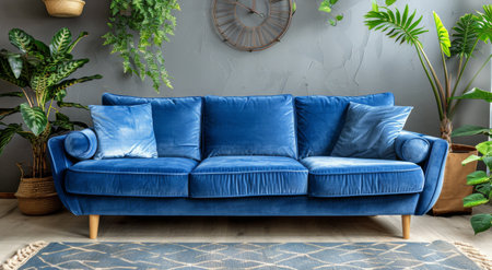 A blue velvet sofa is positioned in front of a solid gray wall, creating a striking contrast in the rooms decor.の素材