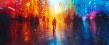 A painting depicting people walking through a city at night, illuminated by streetlights and the glow of buildings.の素材