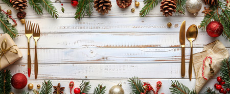 A festive Christmas table is set with a shiny fork and knife, ready for a holiday meal celebration. The table displays elegant decorations and festive colors.の素材