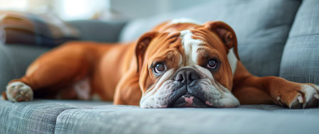 A brown and white dog comfortably rests on top of a couch.の素材
