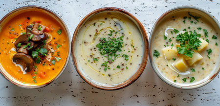 Three bowls of soup are neatly lined up on a wooden table, ready to be enjoyed.の素材