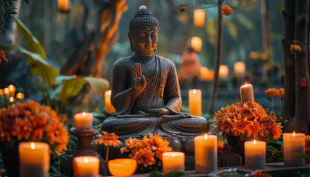 A Buddha statue is surrounded by candles and flowers, creating a peaceful atmosphere in a dimly lit setting.の素材